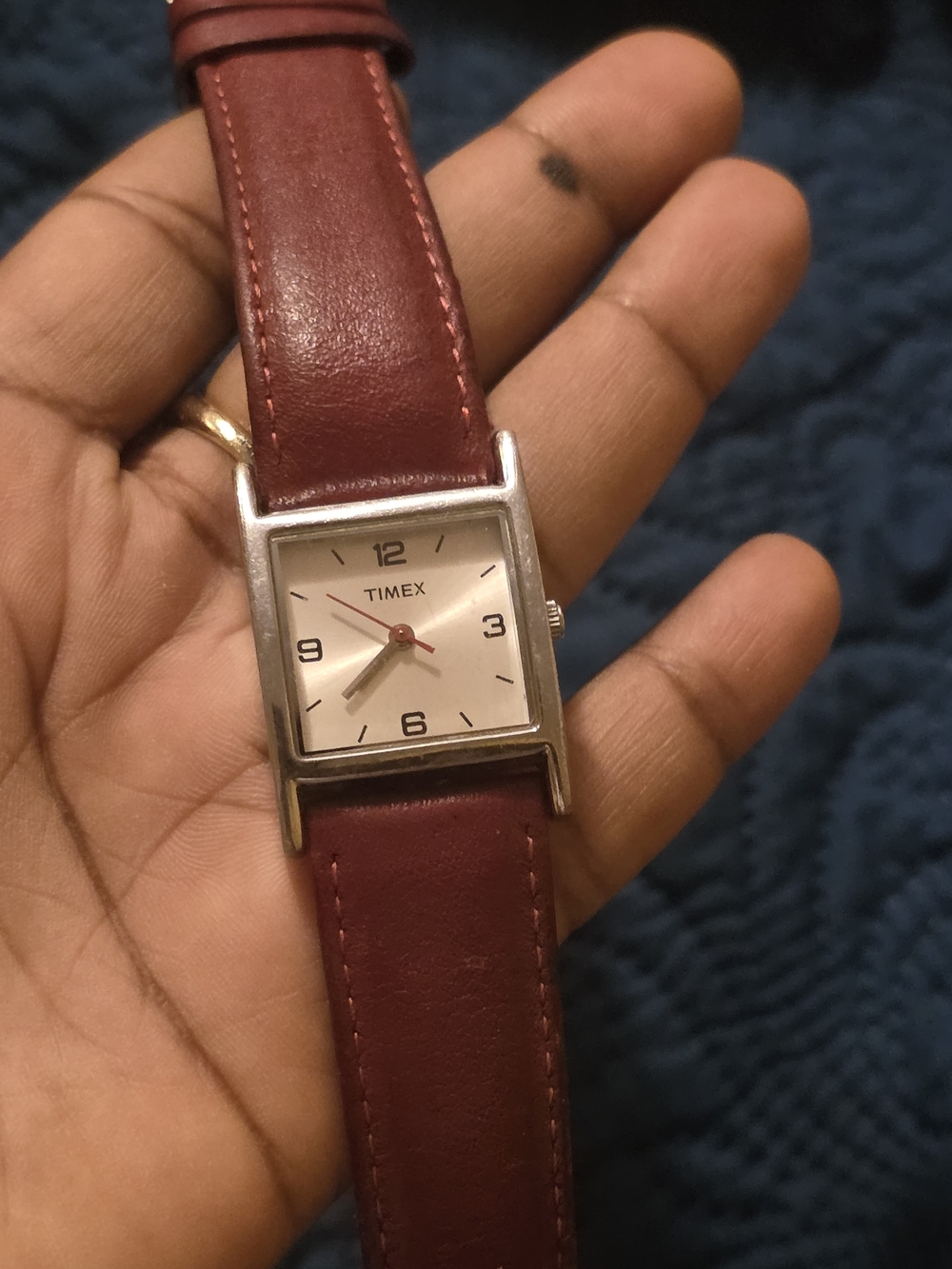 Timex Women's Burgundy Leather Strap Silver Square Dial Watch Need Battery